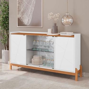 Imagem de Balcão Buffet Jim 4 Portas 3 Prateleiras com Vidro Branco/Cedro - Pnr Móveis