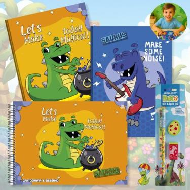 Imagem de Caderno Grande Dinossauros Brochura Capa Dura Kit 2un com Pauta + Cade