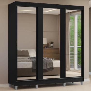 Imagem de Guarda-roupa Casal Com Pés 3 Portas De Correr De Espelho Preto Reno Ma