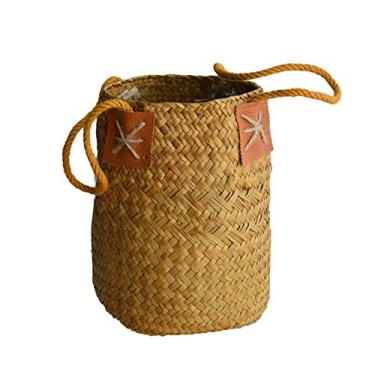 Imagem de Cesta de alga marinha tecida, cesta de palha tecida à mão com alça, cestas de armazenamento de vime feitas à mão, vasos de flores secas para plantas de flores, toalhas e bolsa de praia, decoração de