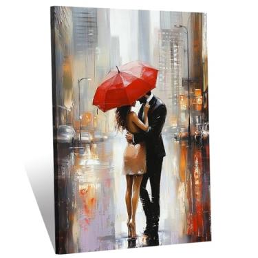 Imagem de Guarda-chuva vermelho casal arte de parede romântico amantes chuvosos pinturas abstratas cenário de rua impressões de imagem quarto sala de estar (guarda-chuva - 2,12 x 18 polegadas (30 x 45 cm))