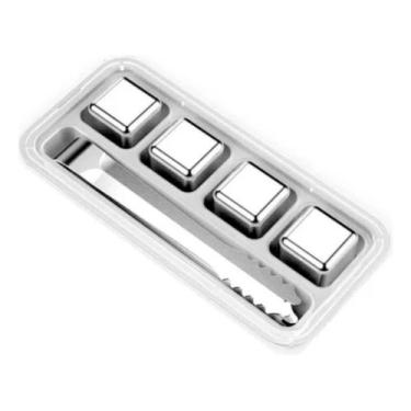 Imagem de 4 Cubos De Gelo Inox Reutilizáveis Com Pegador P/ Bebidas - sem marca