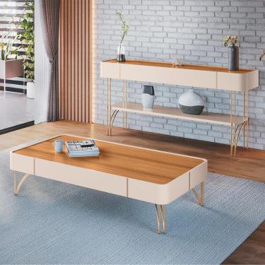 Imagem de Conjunto Decorativo Aparador e Mesa de Centro Rennes MDP/MDF Pés de Aço Off White/Cinamomo G26 - Gran Belo