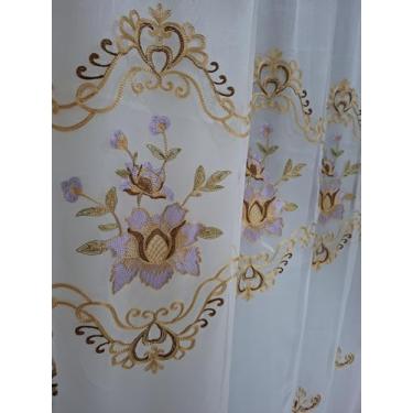 Imagem de Cortina Para Sala Quarto Bordado Indiano Luxo Com Forro (Bege, Único, Lilas)