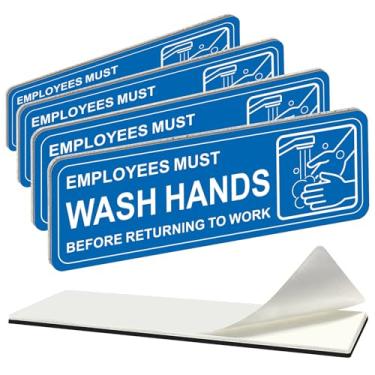 Imagem de i-CowFun (Pacote com 4) Placa autoadesiva Employees Must Wash Hands, 23 x 7,6 cm, placas de acrílico durável para lavagem das mãos com símbolos, para negócios, restaurantes, salões, hotéis, motel