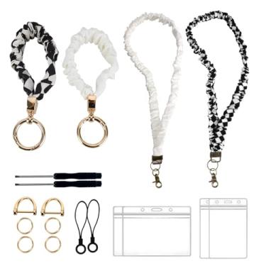 Imagem de Earssa 2 peças de cordões elásticos para professores com 4 porta-cartões para crachás de identificação e chaves, chaveiro elástico para mulheres, enfermeiras, material de escritório escolar (branco +