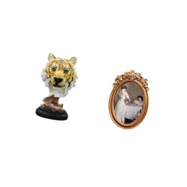 Imagem de Fenteer Escultura Majestosa de Cabeça de Tigre com Moldura de Resina Ornamentada para Fotos, Artesanato Moderno de Animais para Sala de Estar, Suporte de Mesa