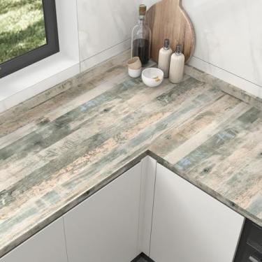 Imagem de Wallercity Papel de contato vintage bloco de açougueiro para bancadas vinil cinza/verde grosso impermeável banheiro grão de madeira descascar e colar papel de parede para armários mesa cozinha