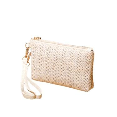 Imagem de Bolsa feminina moderna de palha com zíper e palha de verão adequada para várias ocasiões, Marfim