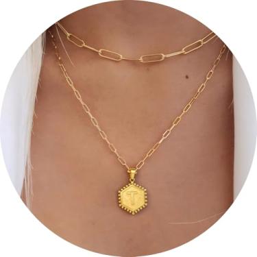 Imagem de Colar personalizado com pingente de letra A-Z, design hexagonal de corrente de camada dupla, joia minimalista de aço inoxidável para mulheres, F, Aço inoxidável, Sem Pedra Preciosa