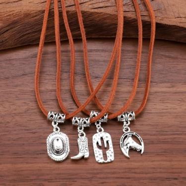 Imagem de 4 peças/conjunto de colar ocidental para mulheres, colar em camadas, chapéu de vaqueira, botas de cacto, cabeça de cavalo, pingente de colar tribal, acessórios de joias