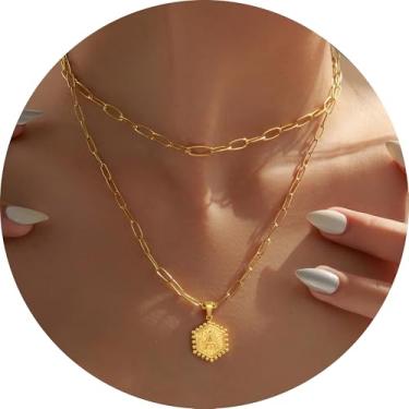 Imagem de Colar personalizado com pingente de letra A-Z, design hexagonal de corrente de camada dupla, joia minimalista de aço inoxidável para mulheres, F, Aço inoxidável, Sem Pedra Preciosa