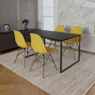 Imagem de Mesa Industrial Base De Ferro Preto 137X90 Tampo Preto 4 Cadeiras Eiffel Madeira Assento Amarelo