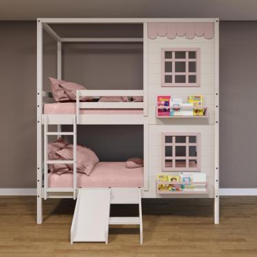 Imagem de Beliche Casinha Reta Com 02 Janelas E Escorregador Madeira Maciça Branco/ Rosa Housin