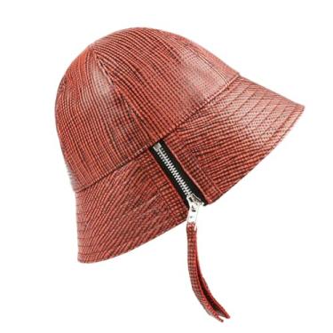 Imagem de Chapéus femininos de couro genuíno com zíper cor doce para bacia chapéus de pesca com tiras, Vermelho, 58-59 CM