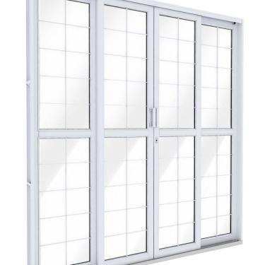 Imagem de Porta de Aço de Correr Central com Grade Quadrada 4 Folhas 213x200 Riobras Aço Pronto Branco