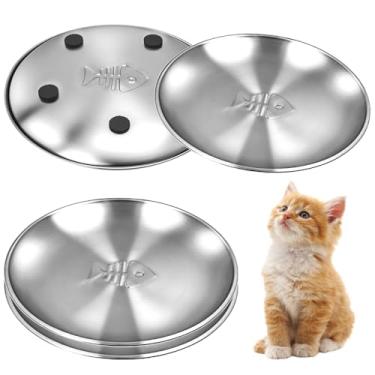 Imagem de Pratos de aço inoxidável para gatos com padrão de espinha de peixe, pratos de comida de metal para gatos, 17 cm de largura, pratos fofos com almofada antiderrapante para gatos internos, 4 peças