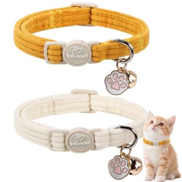 Imagem de Babole Pet Pacote com 2 coleiras de veludo cotelê para gatos – coleira fofa com pingente de sino e pata, coleiras macias ajustáveis para gatinhos de outono e inverno para meninas, meninos e gatos