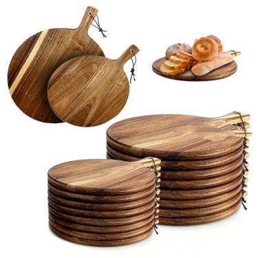 Imagem de Tábua de corte de madeira de acácia com alça redonda para cozinha, carne, pão, charcutaria, frutas, legumes, tábua de servir, círculo, pizza e queijo