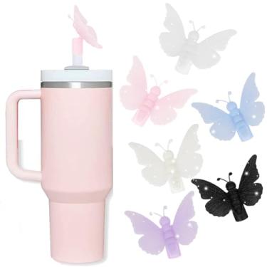 Imagem de Oddyami Cobertura de palha de borboleta rosa para Stanley Cup, topo de palha de glitter de silicone para copo com alça 30/1,134 g, tampa de canudos fofos de 10 mm/0,4 pol, tampas de canudos para