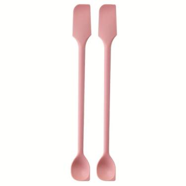 Imagem de Conjunto de 2 peças de espátula e raspador de geleia de cabeça dupla de silicone - Utensílio de cozinha 2 em 1 para misturar, espalhar e raspar, utensílios de silicone de grau alimentício (rosa)