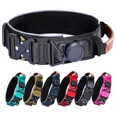 Imagem de Coleira para cães AirTag, coleira militar tática de 5 cm de largura com suporte para AirTag, alça de couro confortável e fivela de metal, coleiras refletivas, acolchoadas e resistentes com GPS para