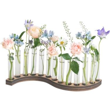 Imagem de Vasos de tubo de ensaio para flores, estação de propagação de plantas pequenas, terrário de plantas em forma de S com suporte de madeira (âmbar)