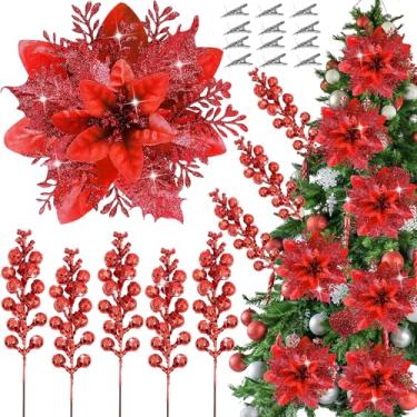 Imagem de 24 peças, decoração de árvore de Natal, flores artificiais de poinsétia com purpurina, 14 cm, 21 cm, bagas vermelhas com glitter, hastes de árvore de Natal, palhetas artificiais para guirlanda de