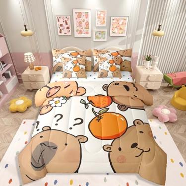 Imagem de Erosebridal Jogo de cama infantil de capivara, 7 peças, tamanho casal, para meninos e meninas, linda capivara em uma bolsa, conjunto de edredom kawaii com estampa de animal roedor, laranja
