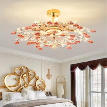 Imagem de Lustre de cristal criativo com pingente, luminária de LED em formato de flor de cerâmica para decoração de sala de estar e jantar (vermelho, 80 cm de diâmetro (1 peça))