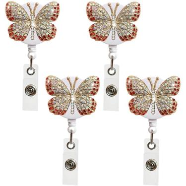 Imagem de 4 peças, clipe de crachá de borboleta, strass, carretel de crachá de enfermeira, retrátil, de nylon, carretel para identidade, strass com clipe jacaré, para professores, estudantes, vários (vermelho)