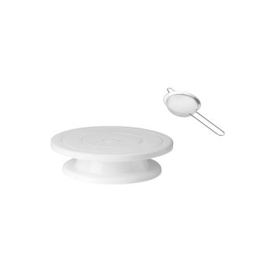 Imagem de Prato de Bolo Giratorio e Peneira Pequena Aço Inox 8cm