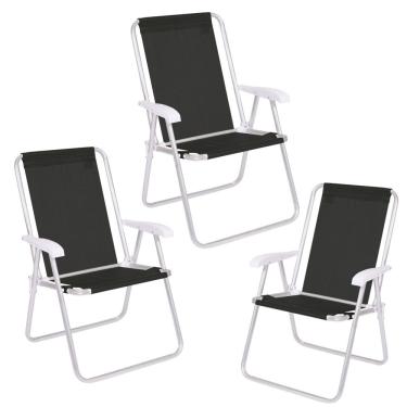 Imagem de Kit 3 Cadeira Conforto Encosto Alto Alumínio Sannet Praia Piscina Preta - 2181 Mor