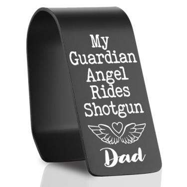 Imagem de My Guardian Angel Rides Shotgun Dad Clipe de viseira de carro, lembrete de segurança de aço inoxidável gravado, presente memorial de fé cristã para motoristas e família, acessório de viseira de