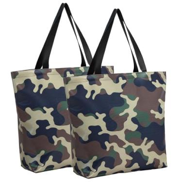 Imagem de Shinylin Pacote com 2 sacolas femininas de lona camuflada camuflada reutilizável, tecido de compras de supermercado, bolsas com alça resistente, sacolas para cozinha, viagem, academia, presentes de