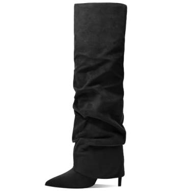 Imagem de MOTIMODEN Botas femininas na altura do joelho, salto alto, bico fino, preto e branco, botas longas para mulheres, Camurça preta, 40