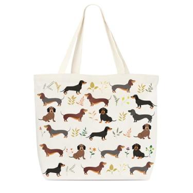 Imagem de Dr.Baner Sacola de lona Dachshund, bolsa de livros com tema de flores silvestres para livros, presentes de dachshund para mulheres, bolsas de ombro reutilizáveis para cães Weiner para amigos amantes