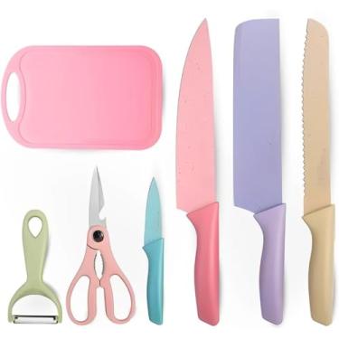 Imagem de Conjunto de Facas 7 Peças Aço Inoxidável Colorido Multifuncional para Cozinha. Inclui Faca do Chef Faca de Pão Cutelo Descascador Tesoura e Tábua de Corte. Kit 7 Peças Para Cozinha
