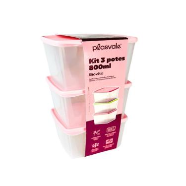 Imagem de Kit 3 Potes Retangulares 500ml Plasvale Rosa