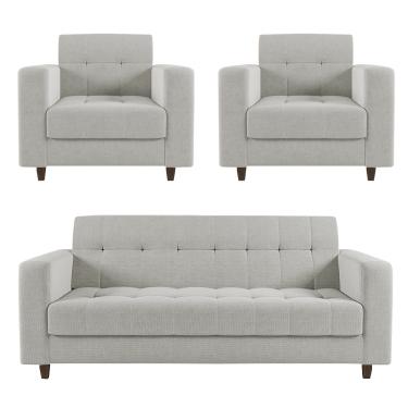 Imagem de Sofá 2 Lugares e 2 Poltronas Pé Madeira Tabaco Arezo Linho Cinza D01 - D'Rossi