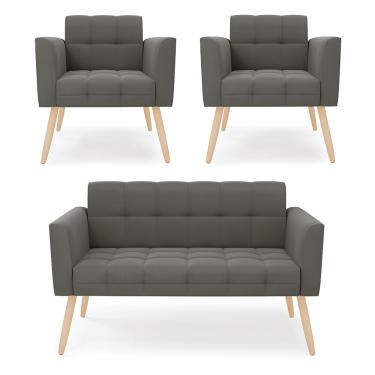 Imagem de Kit 1 Sofá Namoradeira e 2 Poltronas Elisa Suede Grafite Pés Palito Natural D03 - D'Rossi