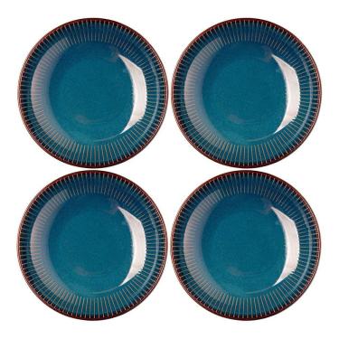 Imagem de Jogo 4 Prato Fundo De Massas Cerâmica Linear Azul Premium 23cm Lyor