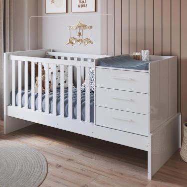 Imagem de Berço Multifuncional Beni 4 Em 1 Com 3 Gavetas Branco Brilho - Móveis Peroba