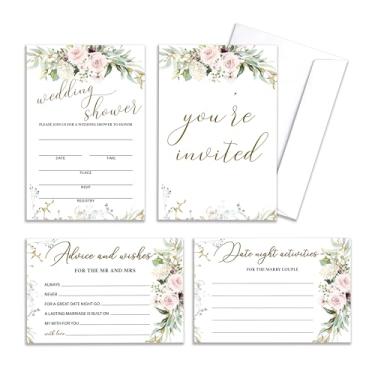 Imagem de HRIOROII Convites para chá de casamento com envelopes, conselhos e desejos para o Sr. e a Sra. Convites de chá de panela de flores cor-de-rosa, decorações de festa de casamento de noivado