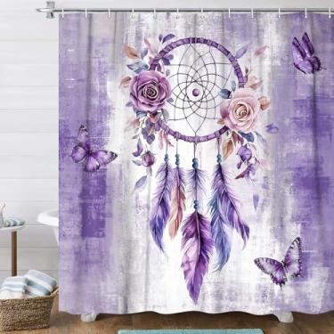 Imagem de DYNH Cortina de chuveiro de banho floral roxa, apanhador de sonhos boêmio roxo apanhador de sonhos aquarela flores florais borboleta tecido impermeável decoração de banheiro cortina de chuveiro com