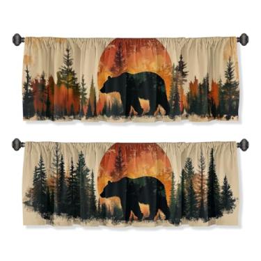 Imagem de Cortina de saia Bear Silhouette para janelas, pacote com 2, pinheiros, bege, natureza, vida selvagem, bolso para varão, cortina, saias, cortinas de camada curta para cozinha, sala de estar, banheiro