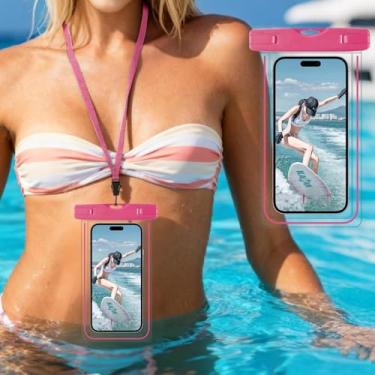 Imagem de Bolsa de telefone à prova d'água brilhante neon capa de telefone universal com cordão bolsa seca natação snorkeling rafting praia caiaque viagem rosa