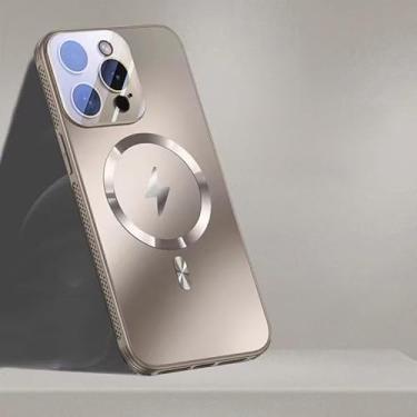 Imagem de Capa magnética para iPhone 16 Pro Max com acabamento de titânio e protetor de lente, proteção contra quedas de 4 cantos e sistema de resfriamento, carregamento sem fio para uso diário no trajeto