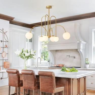 Imagem de Lustre moderno de meados do século XX com 13 lâmpadas, luminária de teto ajustável em latão estilo Sputnik com globo de vidro branco leitoso, ideal para sala de estar, quarto, corredor e sal