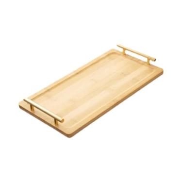 Imagem de Baoblaze Bandeja de madeira para servir, bandeja de mesa de centro com alças de metal, tábua rústica para petiscos, bandejas para aperitivos para festas, café, L